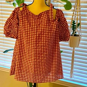 Red Gingham Cold-Shoulder Top